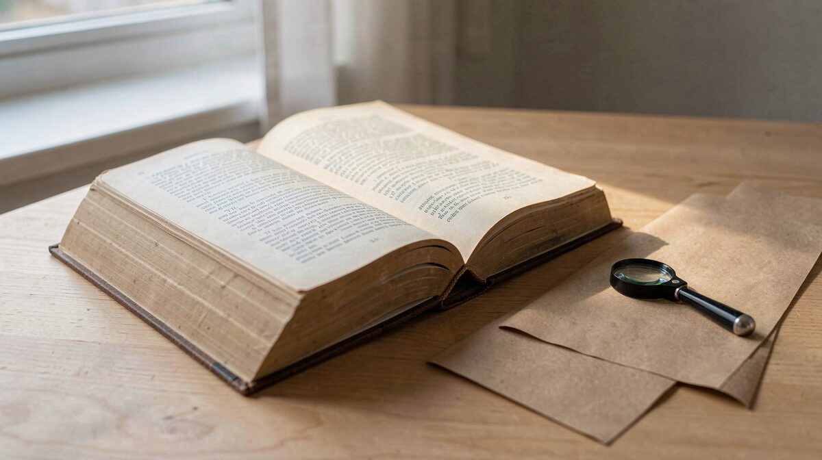 A used hardback open at forty-five degrees on a plain wooden table beside a loupe and a small stack of kraft paper, with low window light raking across the spine and hinges.