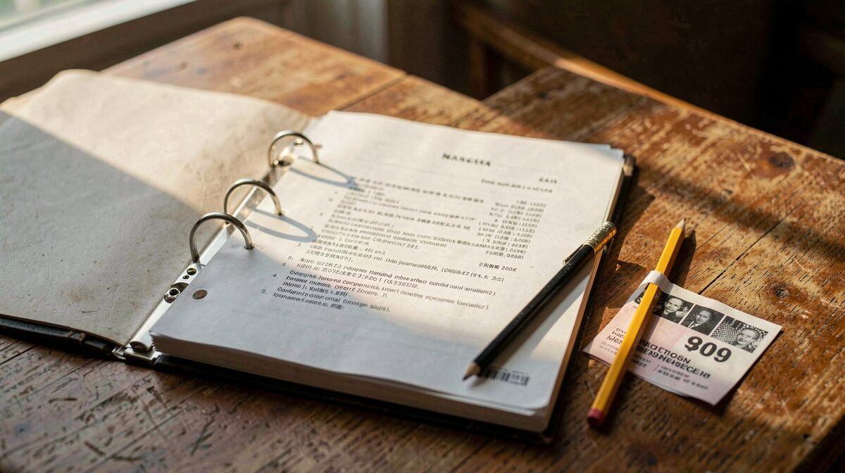 A ring binder open on a wooden table beside a pencil and a folded concert programme, late afternoon window light falling across the page, shot from slightly above.