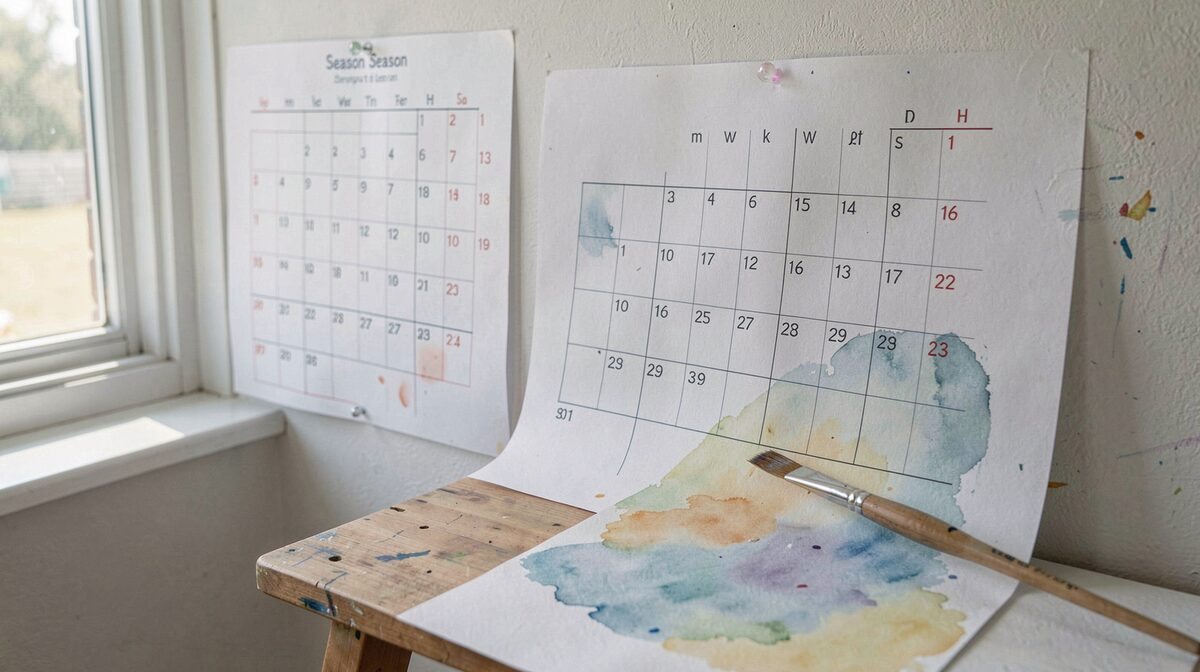 A printed season calendar pinned to a studio wall beside a stretched watercolour sheet, north light from a window, a brush resting on the paper, close crop on the date grid and the wet edge of the sheet.