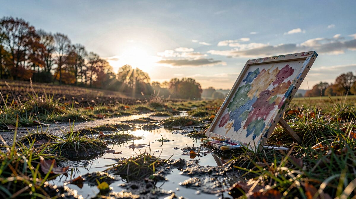 A low sun over a sloping French field in late autumn, wet ground reflecting a cool sky, a painter's board tilted to match the land, framed from a low angle.